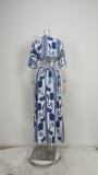 Women Spring Printed Sexy V-Neck Lace-Up Dress