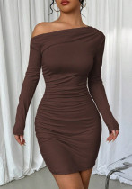 Women Fall Slash Shoulder Long-sleeved solid dress