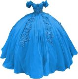 Women colorful off-the-shoulder appliqué formal party dress with tulle appliqués（Processing time need 3-6 days）