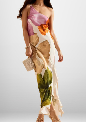 Women Spring Elegant Sleeveless One-Shoulder Printed Dress