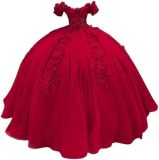 Women colorful off-the-shoulder appliqué formal party dress with tulle appliqués（Processing time need 3-6 days）