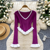 Women contrasting striped knitting autumn ruffled bell bottom sleeve top
