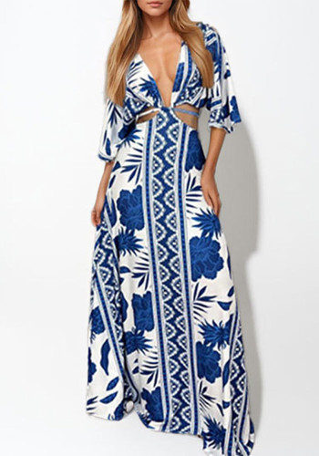 Women Spring Printed Sexy V-Neck Lace-Up Dress