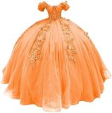 Women colorful off-the-shoulder appliqué formal party dress with tulle appliqués（Processing time need 3-6 days）