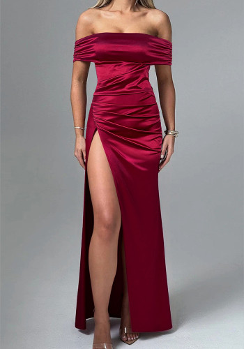 Women sexy off-the-shoulder pleated slit dress