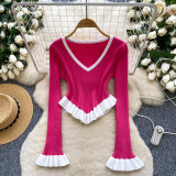 Women contrasting striped knitting autumn ruffled bell bottom sleeve top