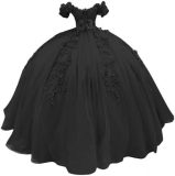 Women colorful off-the-shoulder appliqué formal party dress with tulle appliqués（Processing time need 3-6 days）