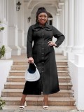 Plus-Size Women Turndown Collar Long-Sleeved Casual Denim Dress