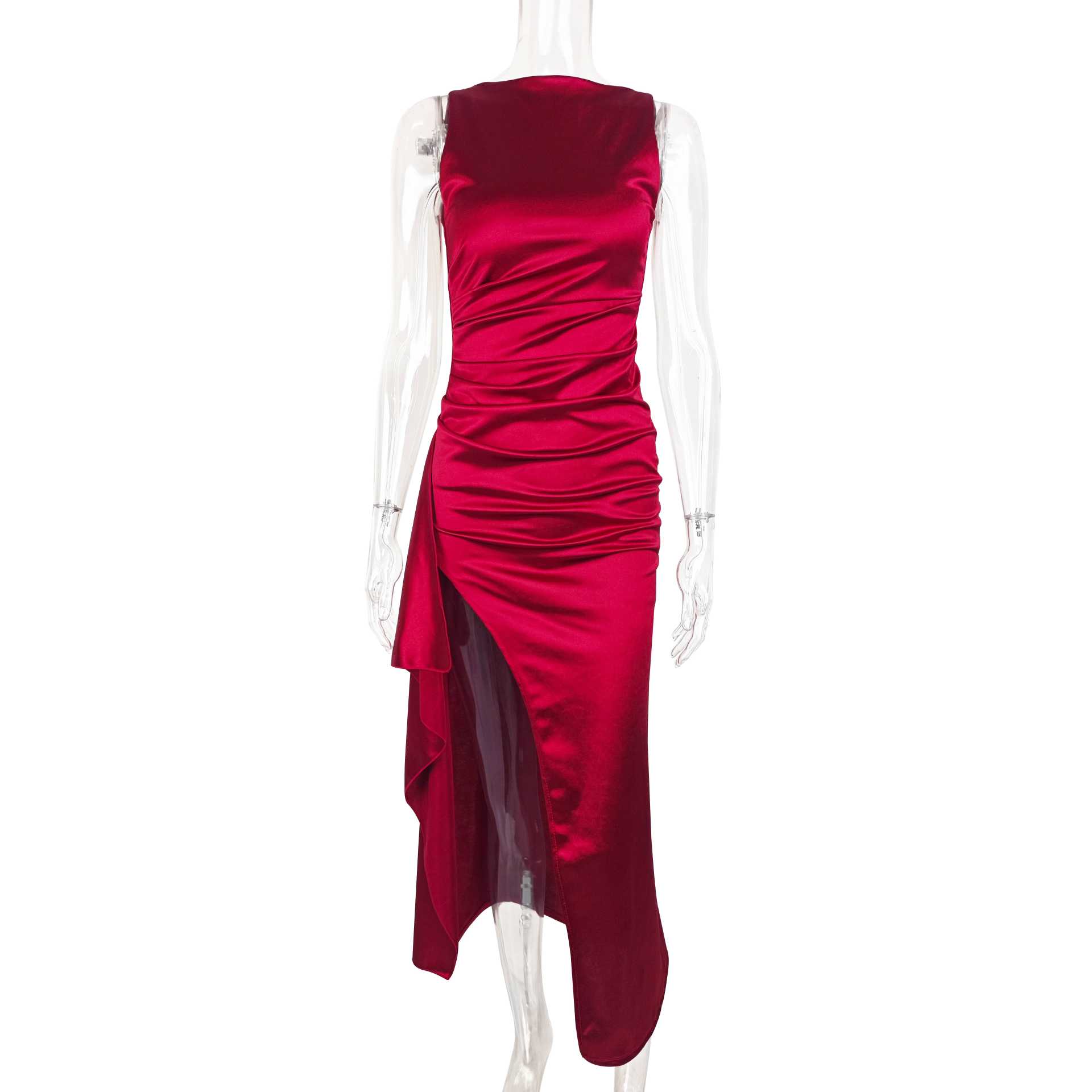 Women backless round-neck sleeveless slit dress