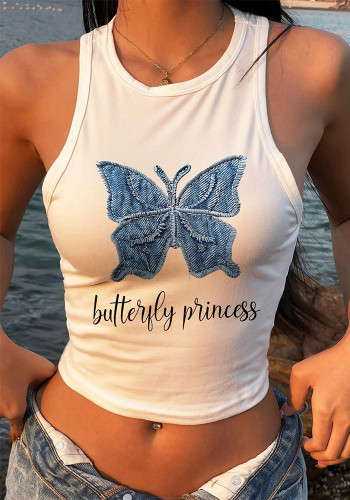 Women Summer American-Style Butterfly Print Sexy Short-Sleeved Crop Top