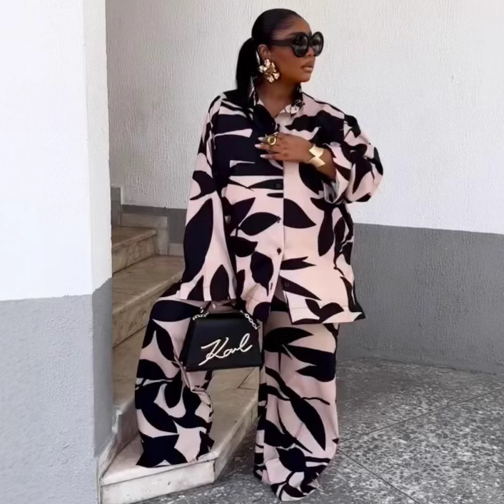 Plus-Size Women Long-Sleeved Turndown Collar Print Cardigan Shirt and African Casual Wide-Leg Pants Two-Piece Set