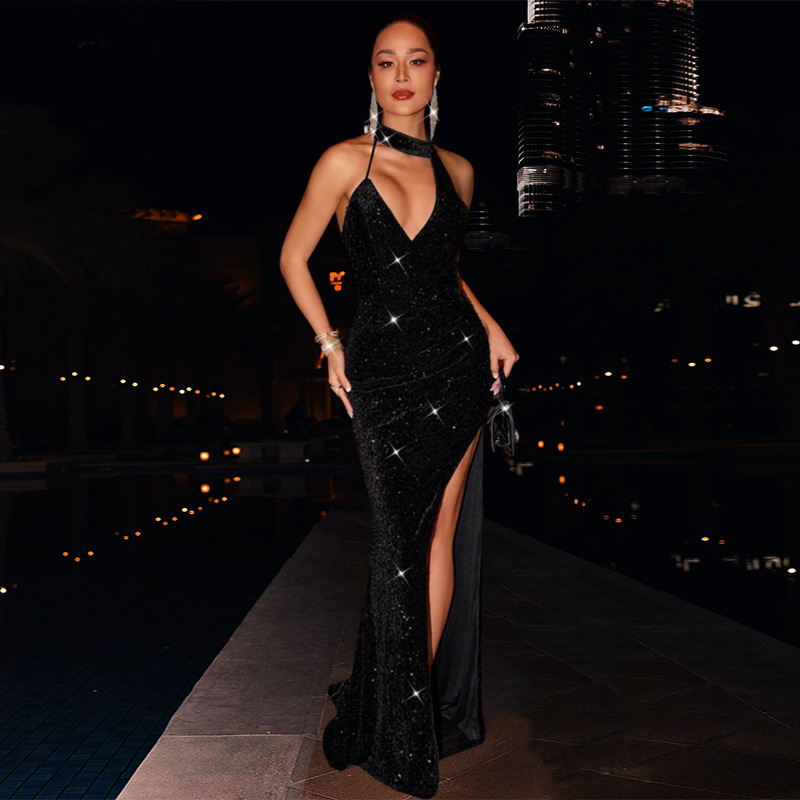Women halter neck high slit backless sequined mermaid dress
