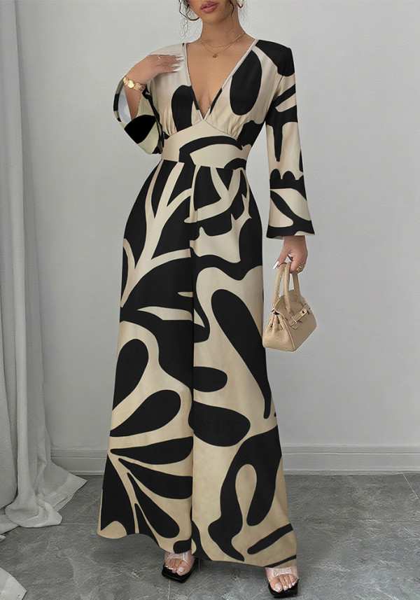Women Elegant V-Neck Long-Sleeved Jumpsuit