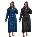 Plus-Size Women Turndown Collar Long-Sleeved Casual Denim Dress