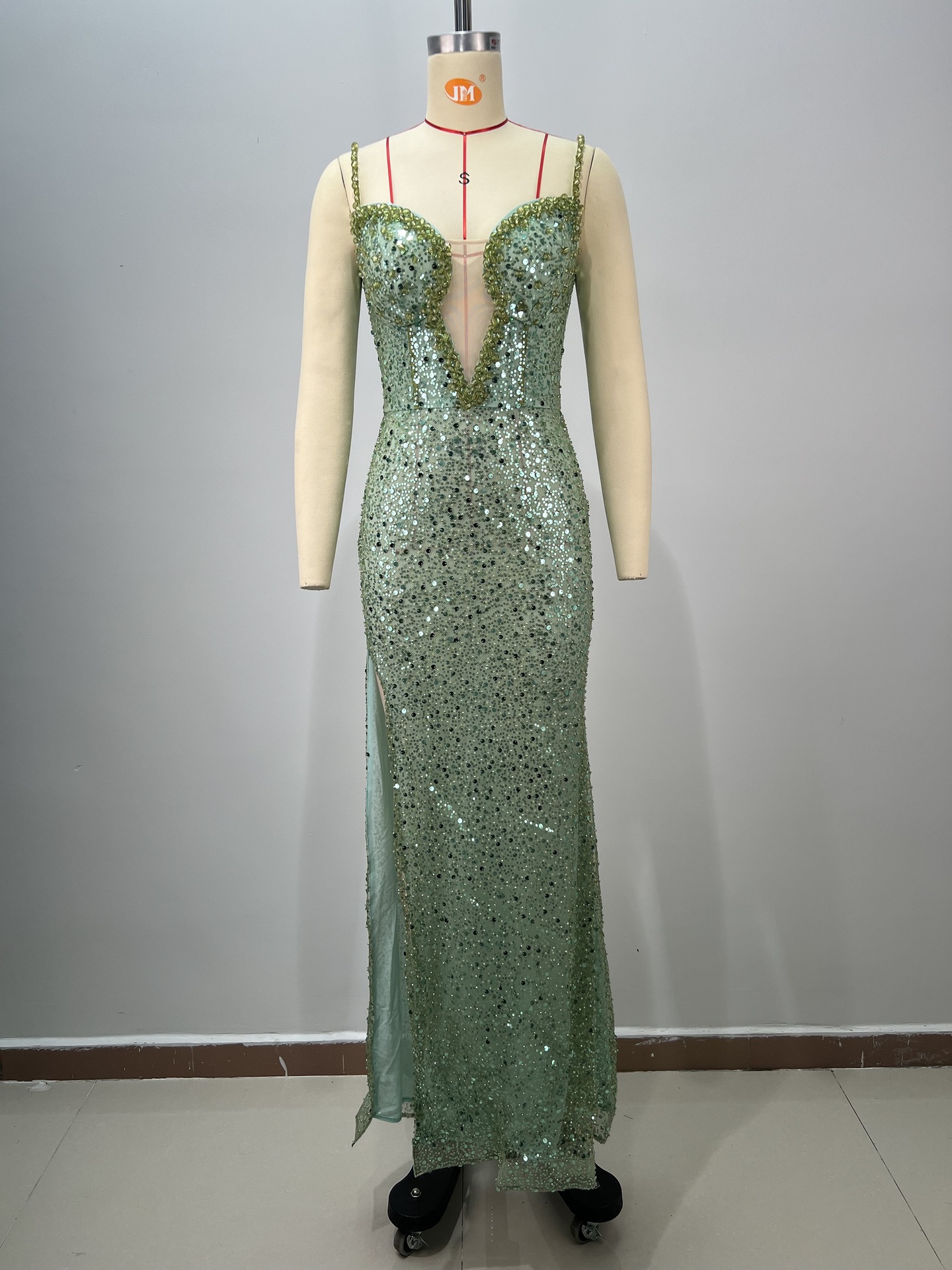 Women Sequined Sexy V-Neck Slit Ruffle Strappy Fishtail Evening Dress