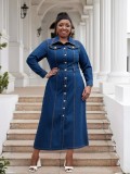 Plus-Size Women Turndown Collar Long-Sleeved Casual Denim Dress