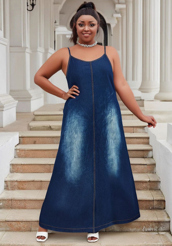 Plus-Size Women V-Neck Strappy Casual Denim Dress