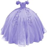 Women colorful off-the-shoulder appliqué formal party dress with tulle appliqués（Processing time need 3-6 days）