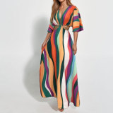 Women Spring Printed Sexy V-Neck Lace-Up Dress