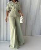 Women Turndown Collar Cargo Wide-Leg Jumpsuit