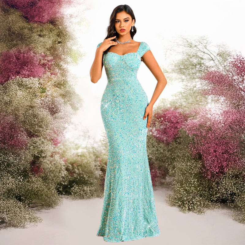 Women solid V-neck sequined halter evening dress mermaid dress