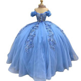 Women colorful off-the-shoulder appliqué formal party dress with tulle appliqués（Processing time need 3-6 days）