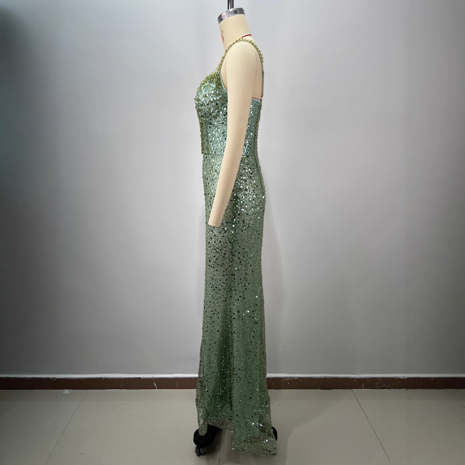 Women Sequined Sexy V-Neck Slit Ruffle Strappy Fishtail Evening Dress