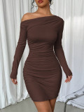 Women Fall Slash Shoulder Long-sleeved solid dress