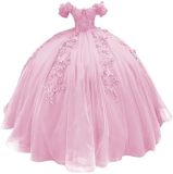 Women colorful off-the-shoulder appliqué formal party dress with tulle appliqués（Processing time need 3-6 days）