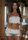 Women Sexy White Sequined Fur Patchwork Strapless Top and Shorts Two-Piece Set