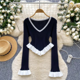 Women contrasting striped knitting autumn ruffled bell bottom sleeve top