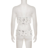 Women Sexy White Sequined Fur Patchwork Strapless Top and Shorts Two-Piece Set