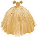 Women colorful off-the-shoulder appliqué formal party dress with tulle appliqués（Processing time need 3-6 days）