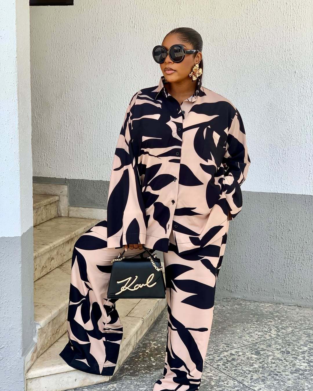 Plus-Size Women Long-Sleeved Turndown Collar Print Cardigan Shirt and African Casual Wide-Leg Pants Two-Piece Set