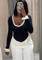 Women contrasting striped knitting autumn ruffled bell bottom sleeve top