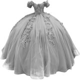 Women colorful off-the-shoulder appliqué formal party dress with tulle appliqués（Processing time need 3-6 days）