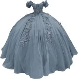 Women colorful off-the-shoulder appliqué formal party dress with tulle appliqués（Processing time need 3-6 days）