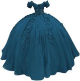 Women colorful off-the-shoulder appliqué formal party dress with tulle appliqués（Processing time need 3-6 days）