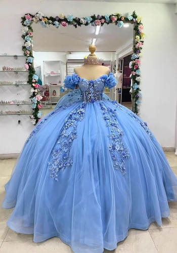 Women colorful off-the-shoulder appliqué formal party dress with tulle appliqués（Processing time need 3-6 days）
