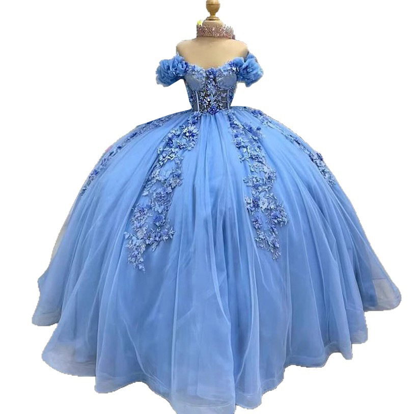 Women colorful off-the-shoulder appliqué formal party dress with tulle appliqués(Processing time need 3-6 days)