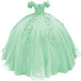 Women colorful off-the-shoulder appliqué formal party dress with tulle appliqués（Processing time need 3-6 days）