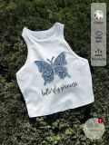 Women Summer American-Style Butterfly Print Sexy Short-Sleeved Crop Top