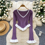 Women contrasting striped knitting autumn ruffled bell bottom sleeve top