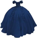 Women colorful off-the-shoulder appliqué formal party dress with tulle appliqués（Processing time need 3-6 days）