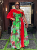 Plus-size African print off-shoulder spring/summer chiffon dress