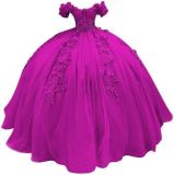 Women colorful off-the-shoulder appliqué formal party dress with tulle appliqués（Processing time need 3-6 days）