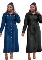 Plus-Size Women Turndown Collar Long-Sleeved Casual Denim Dress