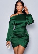 Women Fall Slash Shoulder Long-Sleeved Satin Dress