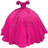 Women colorful off-the-shoulder appliqué formal party dress with tulle appliqués（Processing time need 3-6 days）