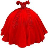 Women colorful off-the-shoulder appliqué formal party dress with tulle appliqués（Processing time need 3-6 days）